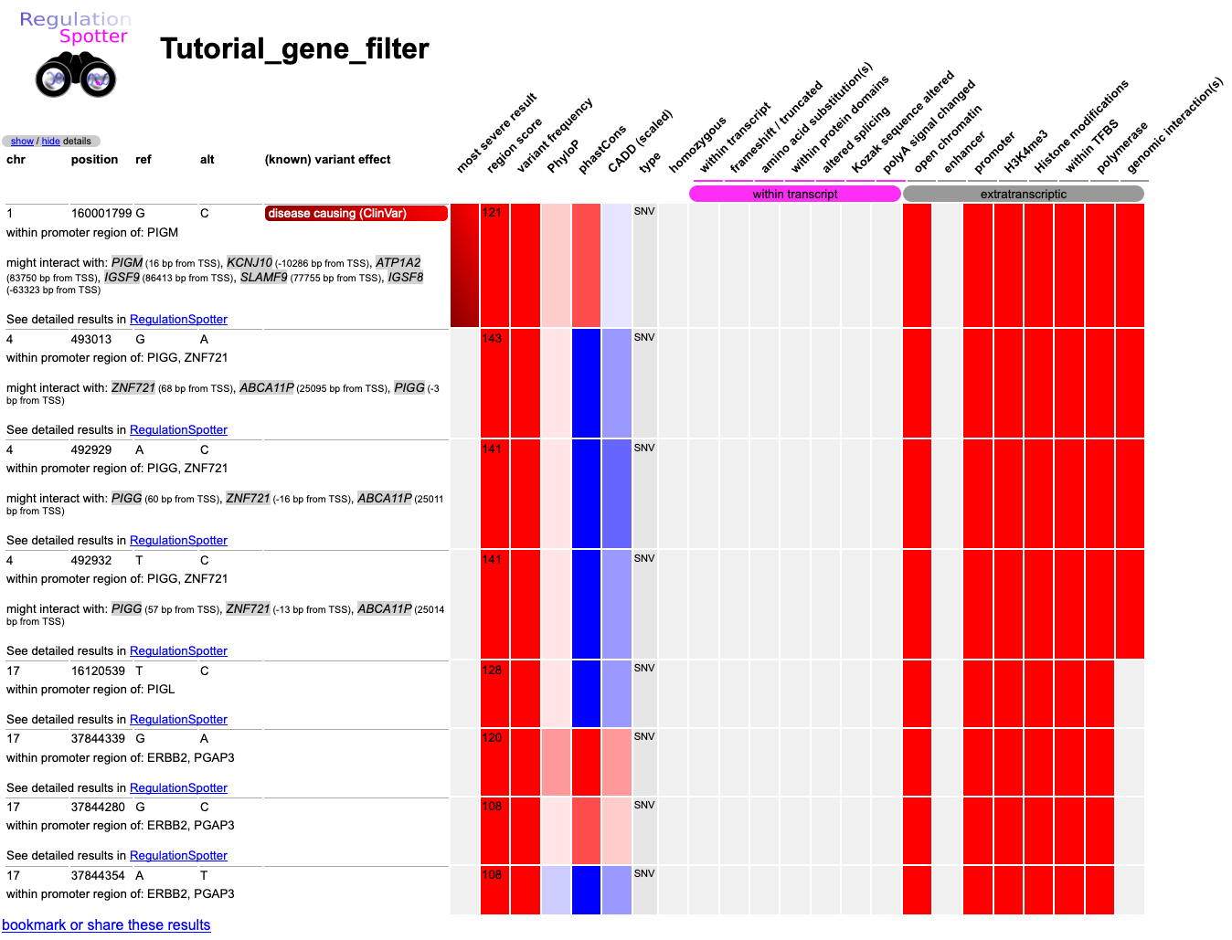 Results matrix after excluding intragenic variants from being displayed